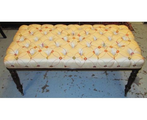 HEARTH STOOL, Victorian mahogany with newly upholstered button silk tapestry cotton, 122cm x 59cm x 54cm H.