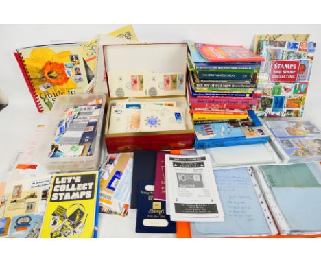 Philately - Lot to include loose stamps, philatelic literature, Penny Black Anniversary Book, Route 66 Postmarks poster with 