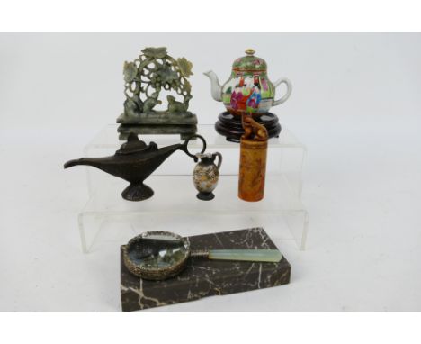 A group of Asian items to include soapstone seal, small ceramic teapot, hand mirror (handle detached) and other. [W]