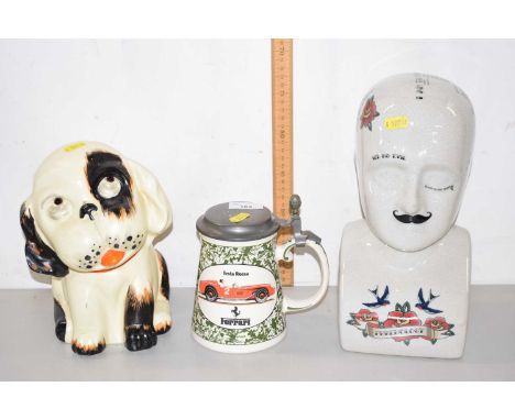 A reproduction pottery Phrenology head together with a Crown Devon model dog and a Ferrari beer stein