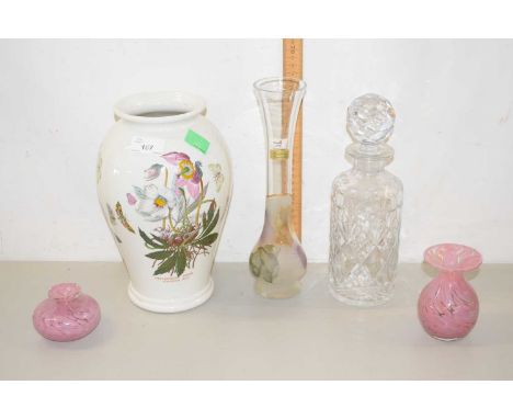 A Portmeirion Botanic Garden vase together with various glass vases, decanter, glass bowl etc