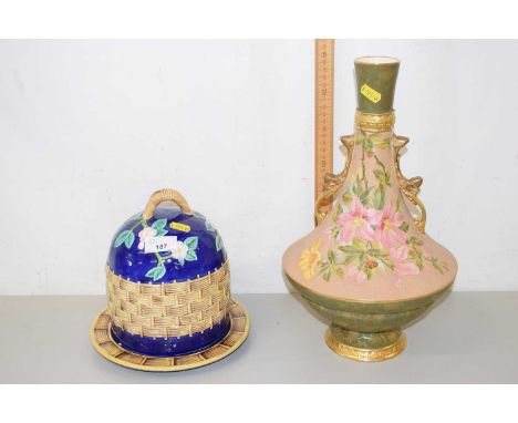 A reproduction Maiolica cheese bell and cover together with a further Old Hall gilt and floral decorated double handled vase