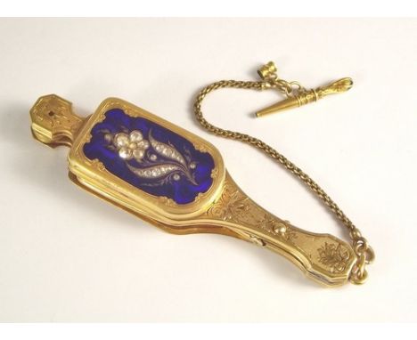 GOLD LORGNETTE/TIMEPIECE.
A rare, mid-19th century Swiss lorgnette/timepiece, the engraved 18k gold case enamelled & set to t