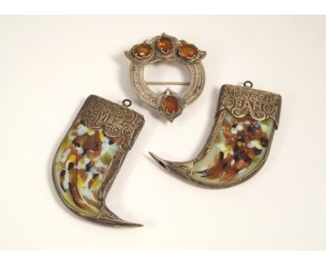MIZPAH PENDANTS.
A pair of white metal mounted, marbled glass pendants, one engraved Miz, the other engraved Pah, & a Celtic 