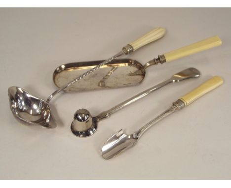 CRUMB SCOOP ETC.
A crumb scoop, a Christofle ladle & a cheese scoop, all with hallmarked silver collars & a candle snuffer.