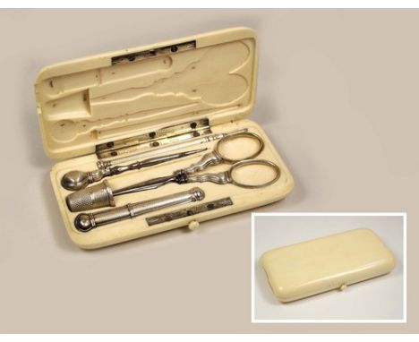 SEWING NECESSAIRE.
A late 19th century French necessaire, the ivory case fitted with tools, complete save for the needle. (So