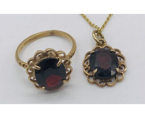 A 9ct gold ring and pendant set, each set with a garnet, total weight 5.2g