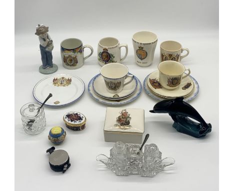 A collection of various china etc including a number of 1937 Coronation pieces, Nao figure, Limoges, Harrods travel clock etc