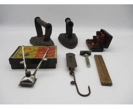 An assortment of vintage items including a boxed Valet auto strop safety razor and accessories, a boxed Ritzma Haarschneidema