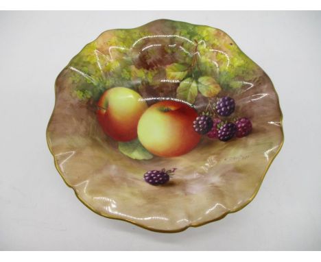 A Royal Worcester hand painted shaped cabinet dish by H Ayrton, 14cm diameter