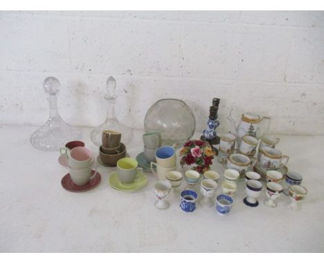 A quantity of china and glass, including a Japanese style coffee set, decanters, fifteen egg cups including Spode, Emperor, H