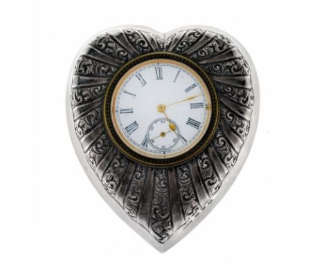 Victorian embossed silver cased heart shaped easel desk timepiece, having embossed foliate scroll decoration, the white ename
