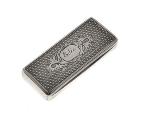 George III silver vinaigrette, of rectangular form with allover engine turned decoration, the hinged lid having decorative fo