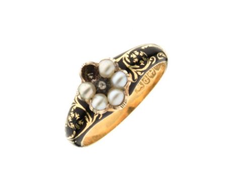 Victorian mourning ring, Birmingham 1838, the central rose cut diamond enclosed by split pearls (untested and unwarranted), o