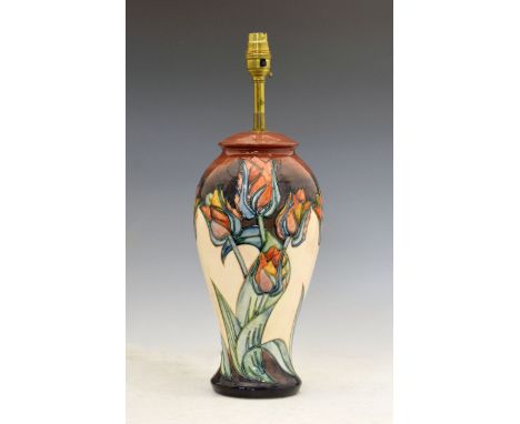 Modern Moorcroft pottery 'Tulip' pattern lamp base, of baluster form with tube-lined decoration, impressed marks with date co
