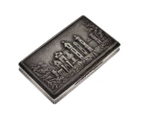 Nathaniel Mills: Early Victorian silver 'Castle-top' snuff box, of rectangular form, the hinged cover with a scene of Abbotsf