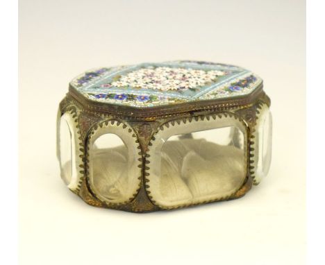 Late 19th/early 20th Century Continental micromosaic trinket box, the hinged canted oblong cover with floral tesserae, enclos