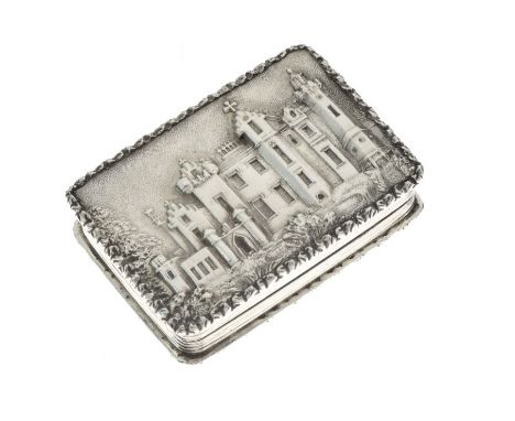 Nathaniel Mills: Early Victorian silver 'Castle-top' vinaigrette, the hinged cover with a scene of Abbotsford House the home 