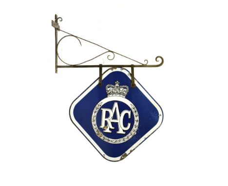 1960's/70's double sided enamel RAC advertising sign, fixed onto wall hanger, sign measuring 56cm wide x 54cm high   Conditio