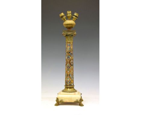 Late 19th/early 20th Century brass, onyx and champlevé enamel lamp base, of Corinthian column design with finely decorated pe