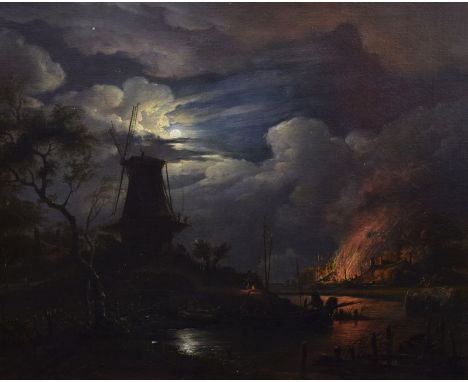 Continental School (19th Century) - Oil on canvas - Canal scene with moonlit windmill and raging fire across the water, 45cm 