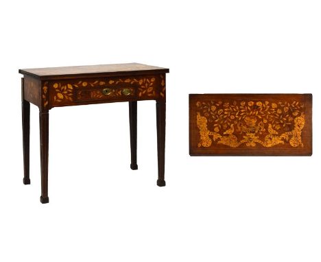 Early 19th Century Dutch marquetry fold-over card table, the hinged rectangular top inlaid with an urn issuing flowers above 