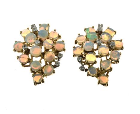 Pair of opal and diamond cluster ear studs, stamped '585', the fourteen opals with six single cut diamonds to each, 1.9cm lon