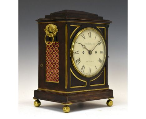 Regency brass-inlaid bracket clock, F.B. Adams &amp; Son, London, the 6-inch convex Roman dial with Breguet moon hands, chain