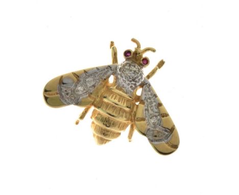 Diamond and ruby set bee brooch, stamped '14k', 'J.M.' and copyright mark, a diamond to each wing and a trio of diamonds to t