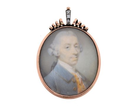 Jeremiah Meyer (1735-1789) - Portrait miniature of a gentleman wearing a powdered wig and blue jacket, in a gold mount set th