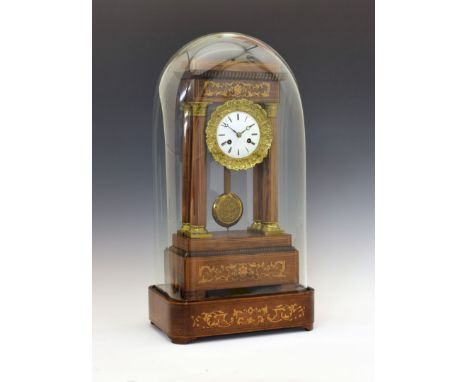 Late 19th Century French inlaid rosewood portico clock, Japy Freres, Paris, the white convex Roman dial with moon hands, two-