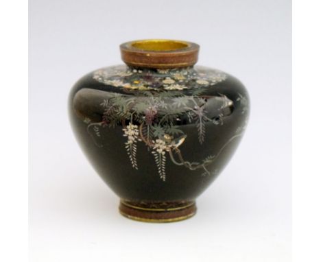 Japanese Meiji period cloisonné enamel vase, in the manner of Hayashi Kodenji (1831-1915), the shouldered squat ovoid body de