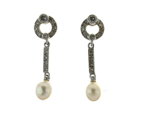 Pair of diamond and cultured pearl 18ct white gold drop earrings, the tear shaped pearls approximately 5.5mm long, to a baton