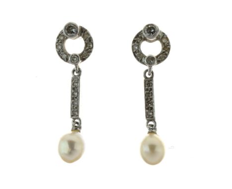 Pair of diamond and cultured pearl 18ct white gold drop earrings, the tear shaped pearls approximately 5.5mm long, to a baton