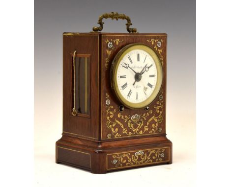 19th Century Swiss inlaid rosewood mantel clock, Jean-Francois Bautte et Cie, a Genève, the signed white-enamelled convex Rom