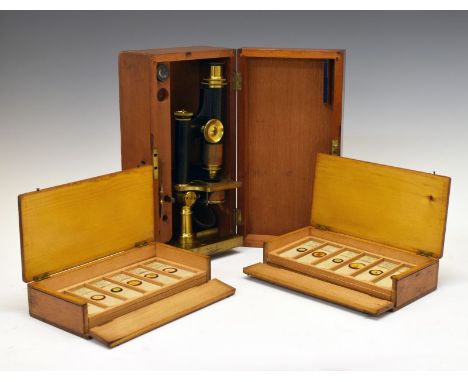 Early 20th Century lacquered brass and anodised monocular microscope, R. &amp; J. Beck, London, No.7147, with rack-and-pinion