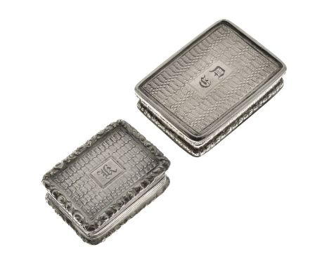 Two William IV silver vinaigrettes of rectangular form, engine turned decoration and foliate scroll borders, the hinged cover