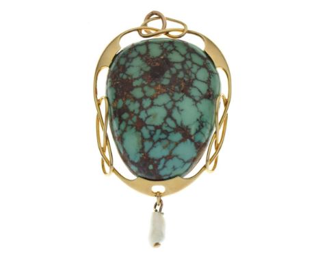 Murrle Bennett &amp; Co - Art Nouveau turquoise matrix and freshwater pearl 15ct gold pendant, stamped makers mark and '15ct'