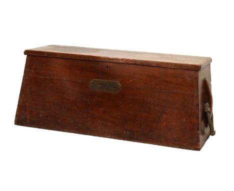 Maritime Interest - Teak chest or trunk, the hinged rectangular cover on broadening base with plaque 'E. Ribighini' between r