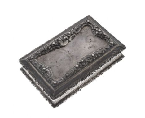 Nathaniel Mills: Victorian silver table snuff box, of rectangular form with hinged lid, decorated with foliate scroll borders