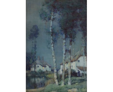Albert Moulton Foweraker R.B.A. (1873-1942) - Watercolour - Moonlight - Figure at a gate with thatched cottages and silver bi