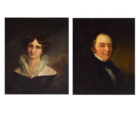 19th Century English School - Oil on board - Pair of portraits of a lady and gentleman, the reverses inscribed in pencil 'Mrs