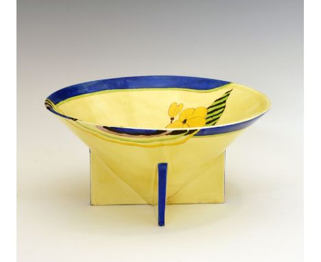 Clarice Cliff (Wilkinsons) 'Lodore' pattern conical bowl, shaped 383, with blue, green and yellow decoration on four 'shark f