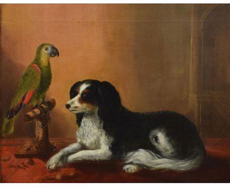 English School (19th Century) - Portrait of a parrot and dog, 59cm x 73.5cm, unsigned, within a birdseye maple frame, the can