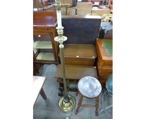 An oak sewing box, oak wine rack, stool and a standard lamp