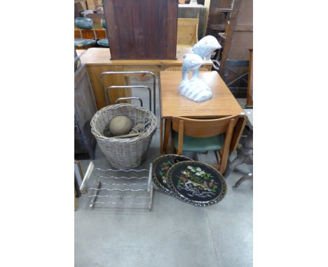 A Formica drop-leaf table, two chairs, rope ladder, vintage volleyball, pair of Chinese painted trays, etc.