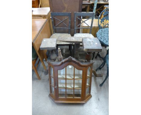 Two Victorian faux bamboo chairs, a hanging wall cabinet and four tripod table bases