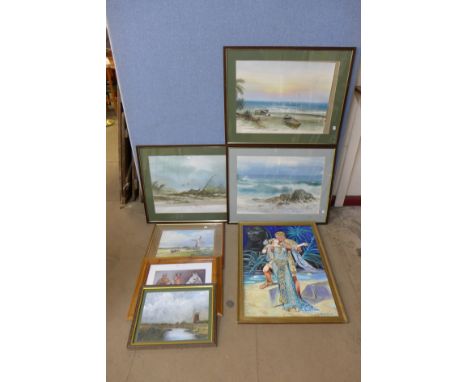 Assorted oils, watercolours and a print