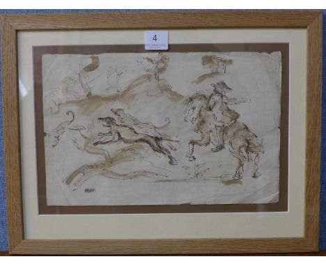 An old master style drawing, figure on horseback with hounds, pen, ink and wash on paper, bearing date 1793, framed