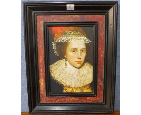 A portrait of a 16th Century lady, oleograph, framed